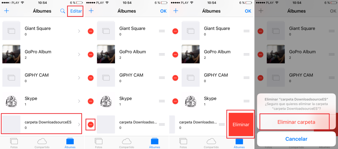 Borrar carpeta creada dentro de Fotos en iOS