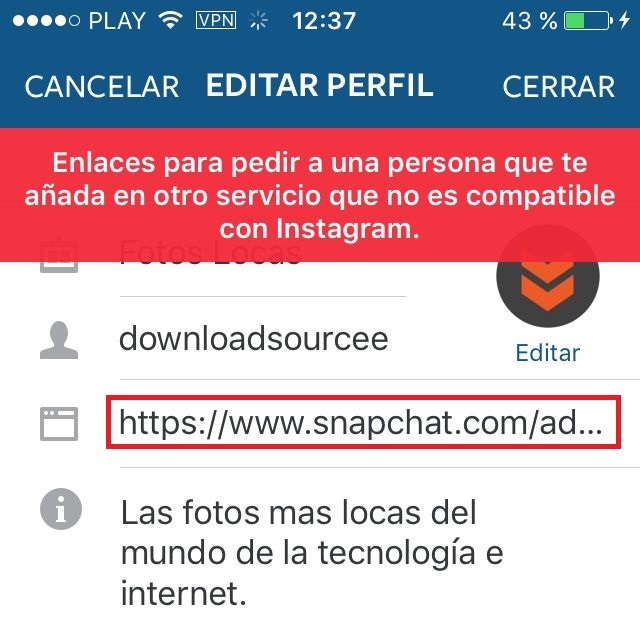 enlaces de snapchat bloqueada en el perfil de Instagram