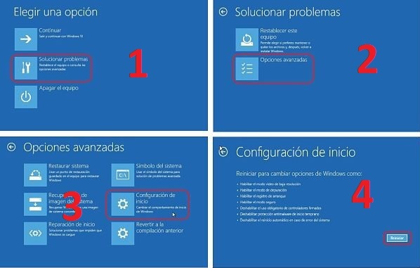 Pasos por las pantallas azules para iniciar Windows 10 en modo seugro