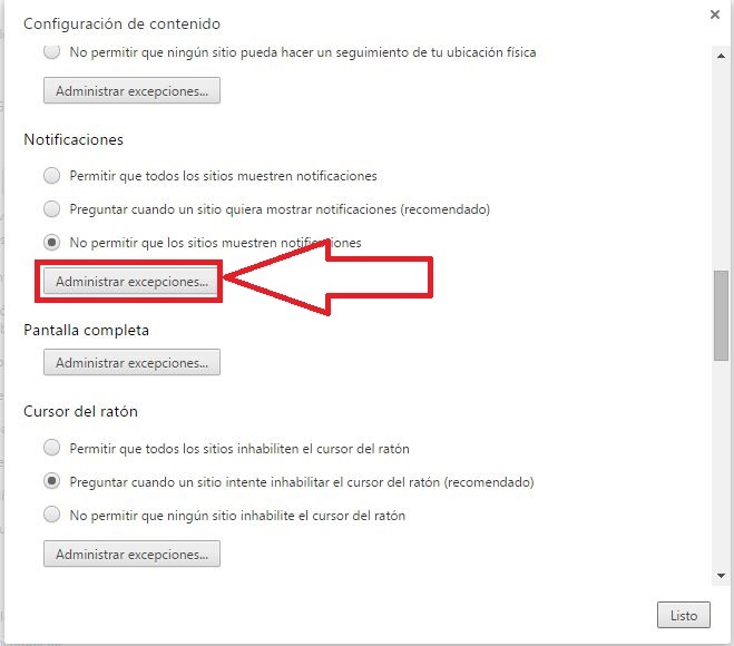 excepciones de notificaciones en google Chrome