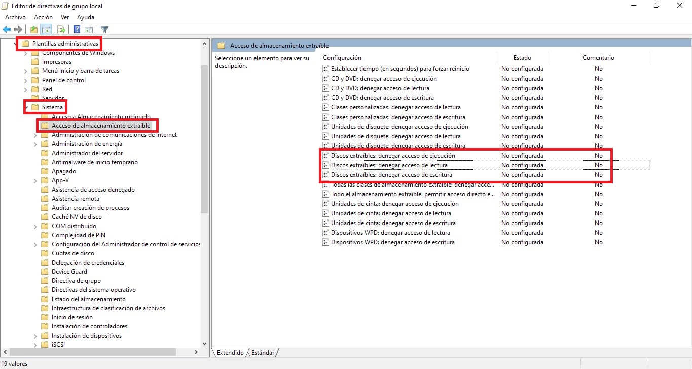 directivas de grupo local para eliminar la protección contra escritura de la memoria usb