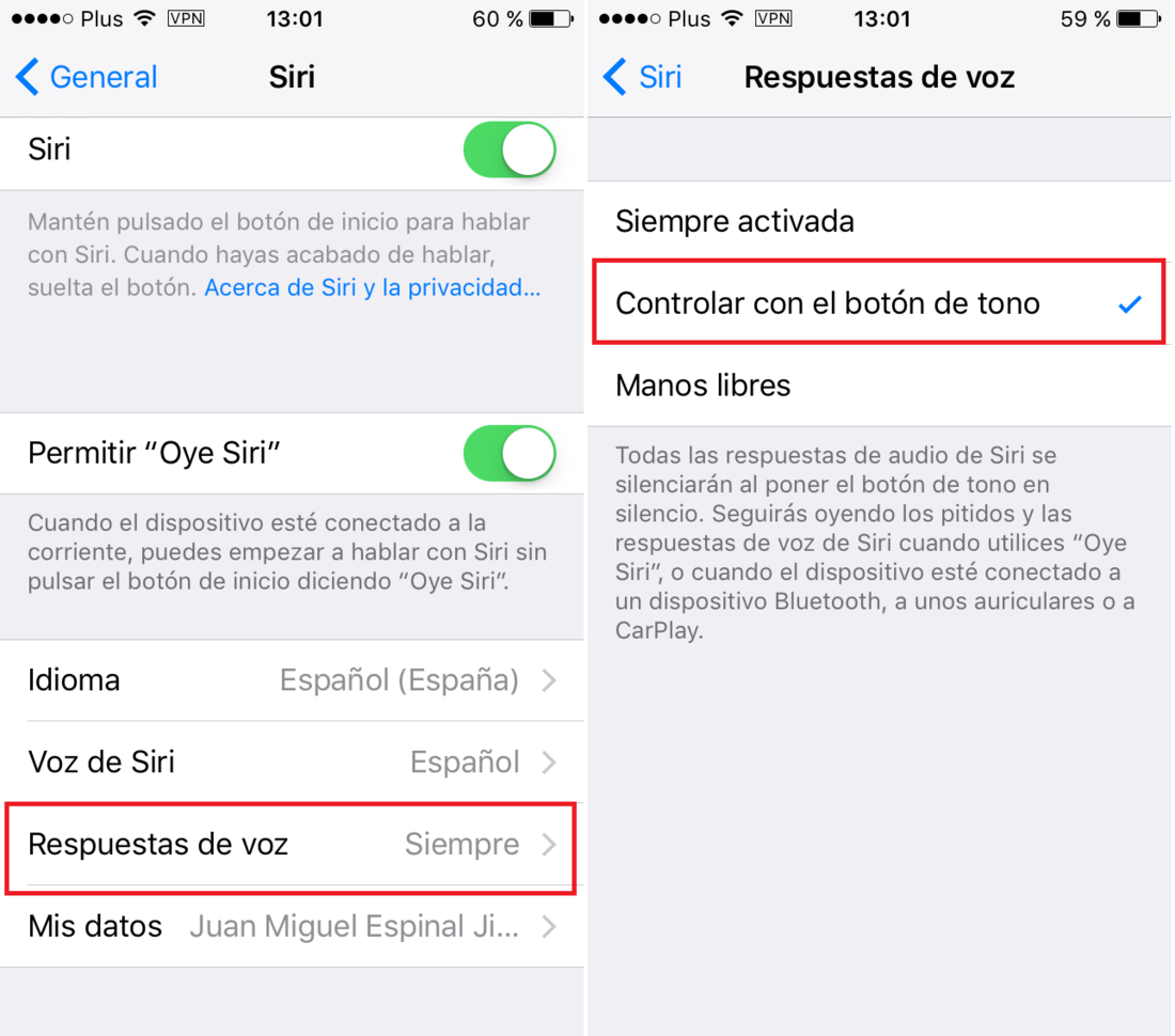 Silenciar respuestas de voz de Siri 