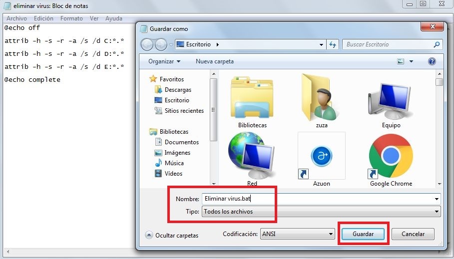 Eliminar virus shortcut de una memoria USB o pc con el archivo .bat creado con el bloc de notas