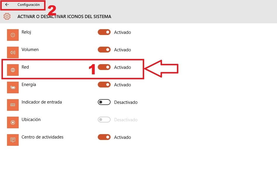activar icono Red/Wifi en windows 10