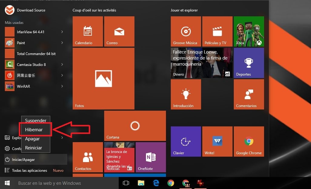 Hibernar en el menú de inicio de Windows 10