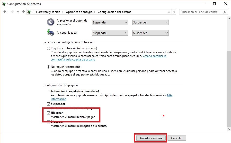 como cambiar activar y mostrar la opción hibernar entre las opciones de apagado de windows 10