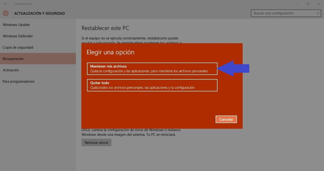 Restablecer tu ordenador para solucionar problemas y mantener archivos