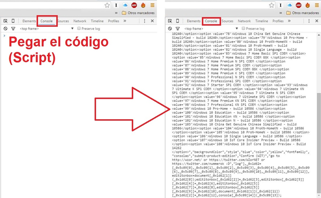 pegar el codigo en la consola del navegador para descargar las imagenes ISO de windows