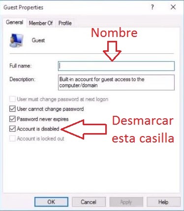 Como crear y activar la cuenta de inivitado en Windows 10 pro