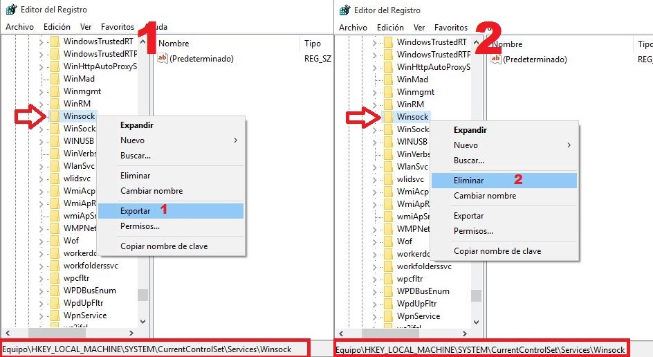 Faltan entradas del registro de Windows Sockets y protocolos en el equipo