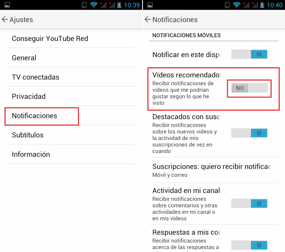 Desactivar las notificaciones de videos recomendados en la app oficial para Android
