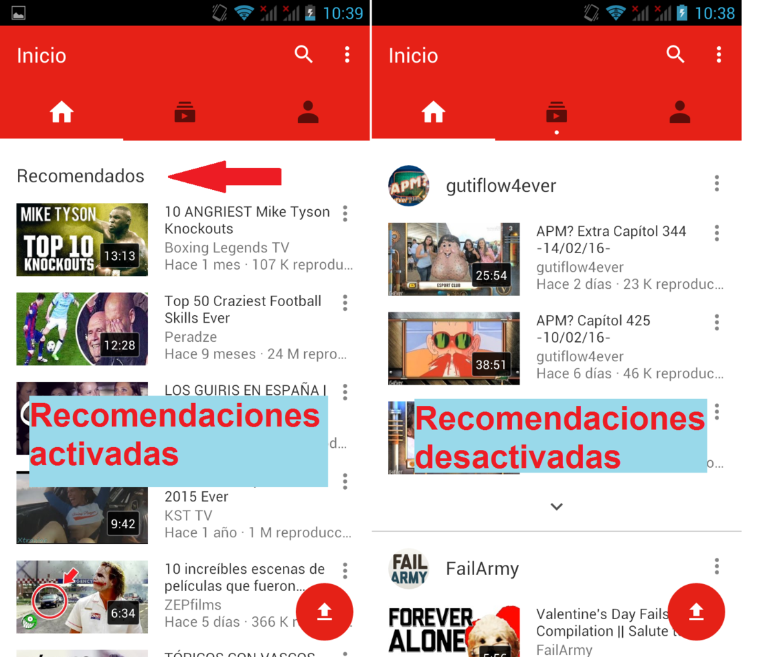 Diferencia entre youtube para android con con recomendaciones de video y sin recomendaciones
