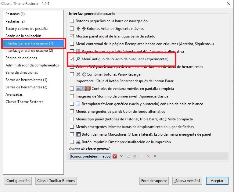 Classic Theme Restorer el complemento que te permite la restauración del menu de busqueda clasico en Firefox