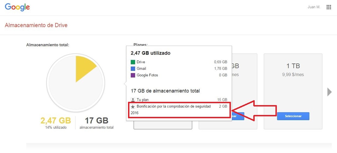Comprueba los 2 gb de almacenamiento gratis para Google Drive.