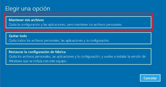 Restablecer sistema operativo windows 10 manteniendo tu archivos para lograr la conexión a internet