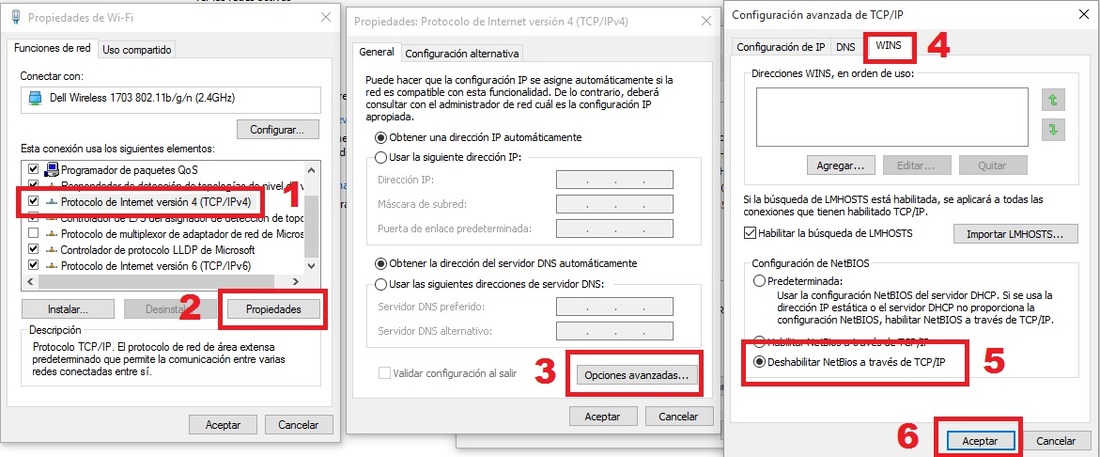 reparar la conexion a internet en windows 10 por falta de protocolos con la Deshabilitar NetBios a través de TCP/IP 