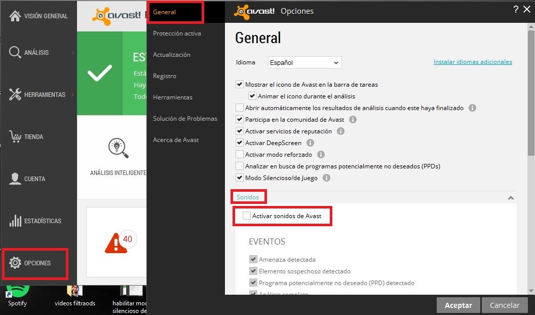 Como desactivar los sonidos y alertas de Avast 2015