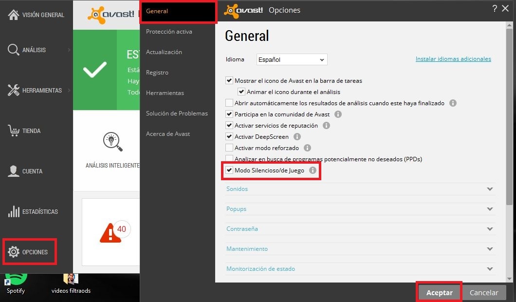 Desactivar ventanas emergentes de avast