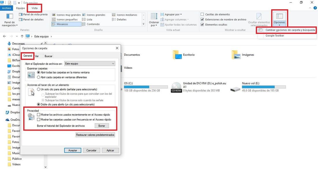 Como eliminar el contenido del historial del Explorador de archivos de Windows 10