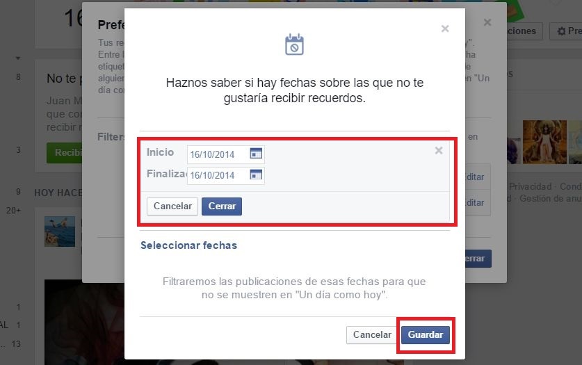 limitar los recuerdos de facebook por fechas en la función en este dia