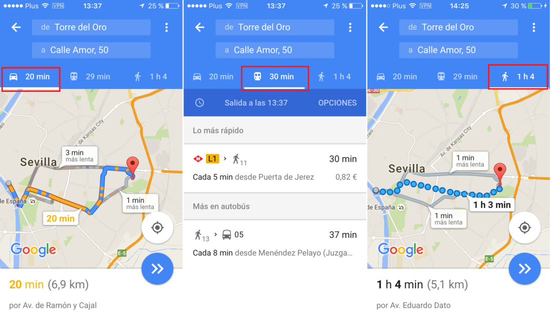 Comprar el mismo trayecto desde diferentes medios de transporte con Google maps para iOS