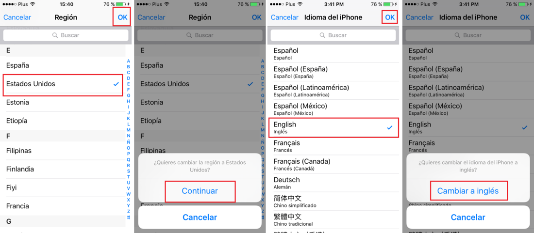 Como cambiar la región e idioma en ios 9 para instalar News