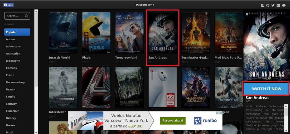 Versión de Popcorn Time Web permite ver pelis desde el navegador Web de tu ordenador