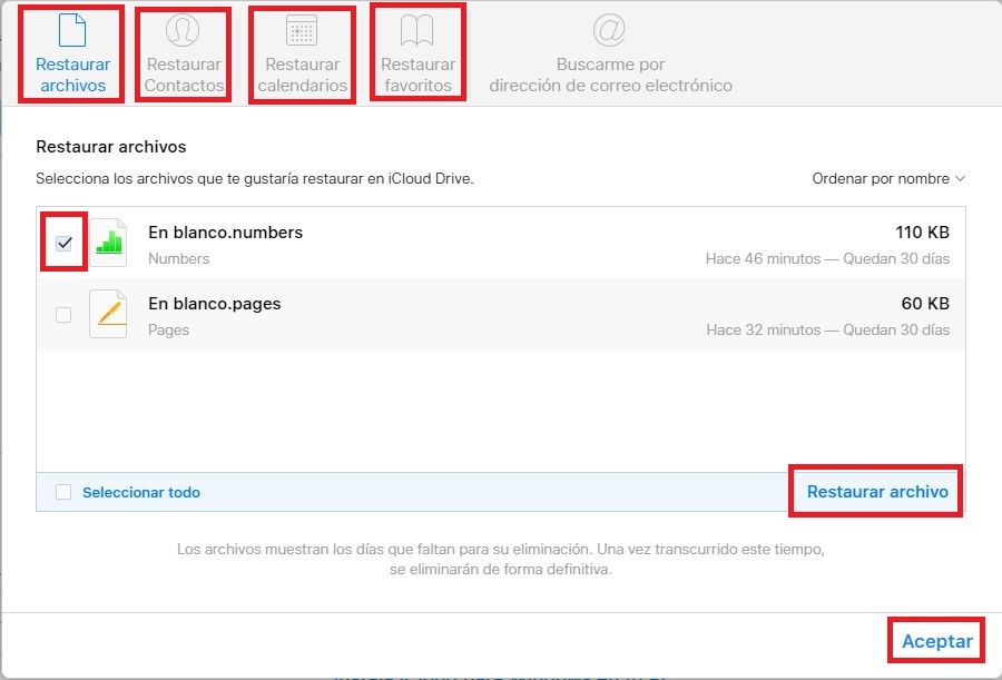 Restaurar los archivos eliminados desde iCloud en la nuebe