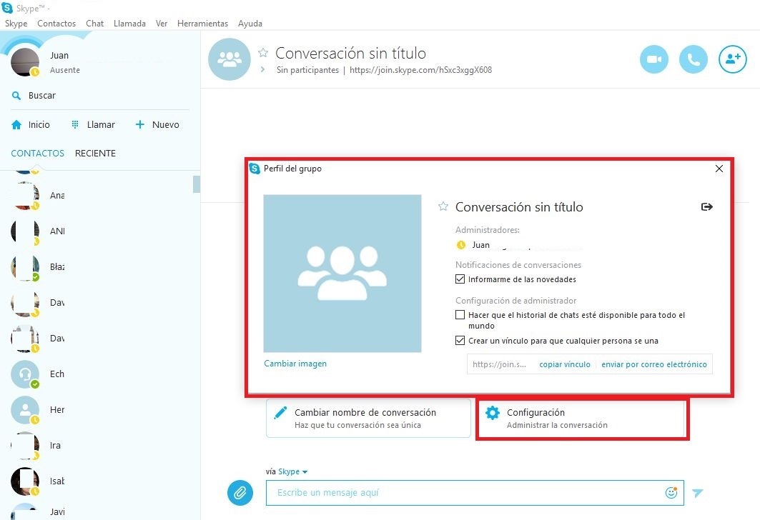 Personalizar el vinculo para compartir tu conversación de Skype para que se pueda invitar a usuarios a ella