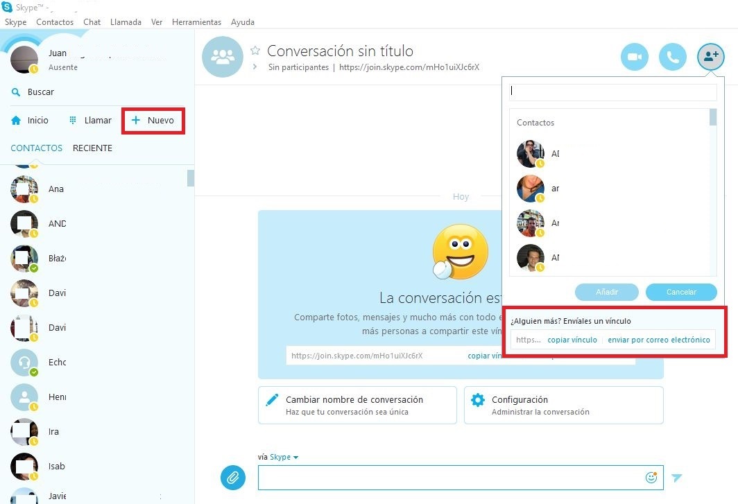 invitar a conversaciones de Skype con un vinculo