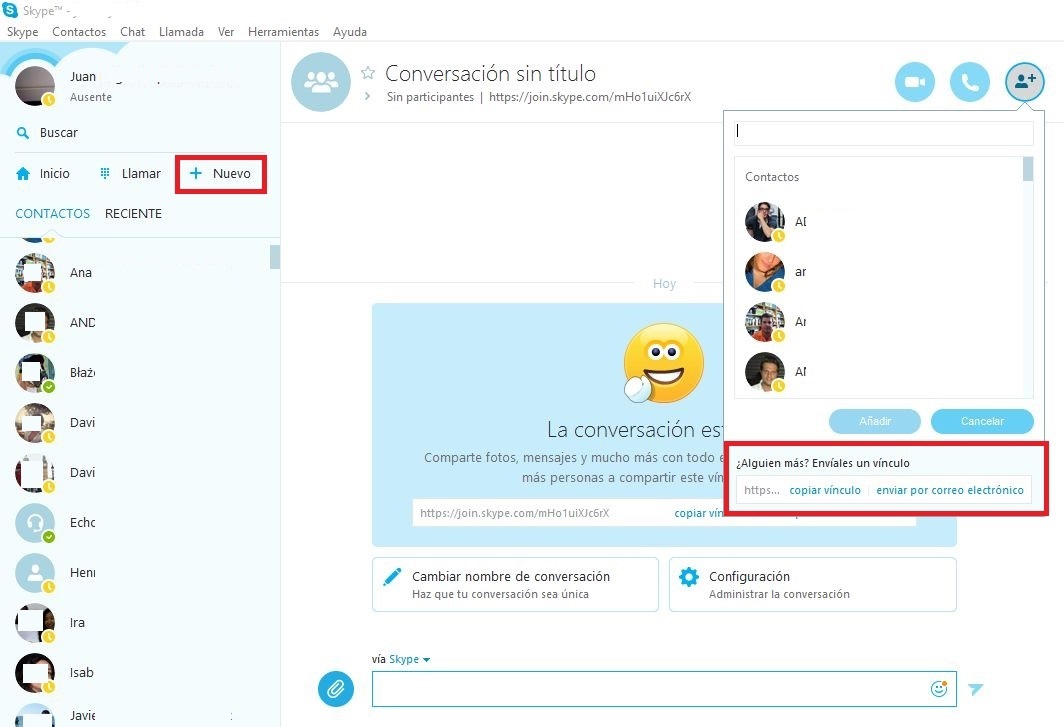 invitar a conversaciones de Skype con un vinculo
