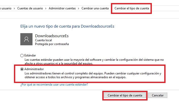 Cambiar derechos de administrador en Windows 10