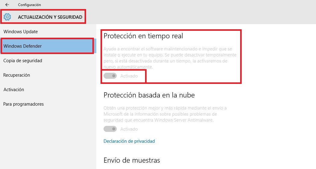 Como deshabilitar la protección en tiempo real de Windows Defender