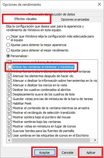 Desactivar las animaciones de ventanas de Windows 10 para mejorar el rendimiento