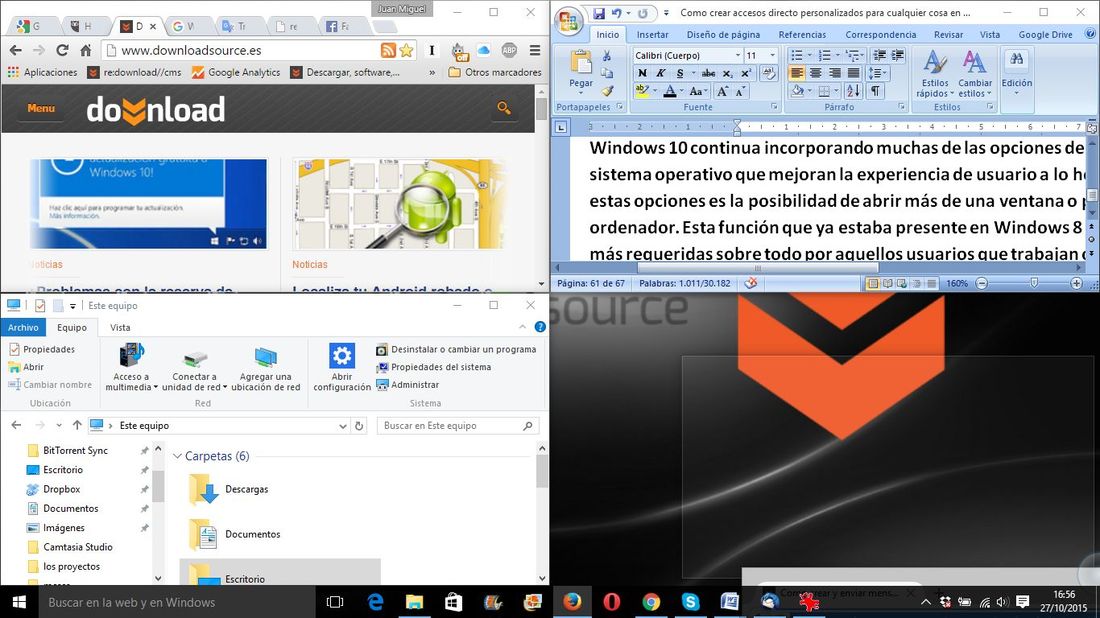 trabajar y mostrar cuatro ventanas a la vez en la misma pantalla en Windows 10