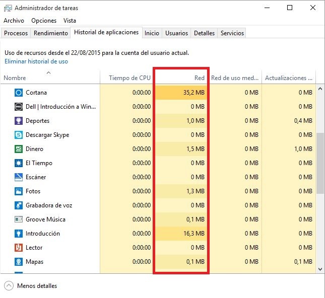 Historial de uso de aplicaciones en la red en Windows 10