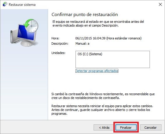 restaurar equipo con windows 10 a una estado anterior