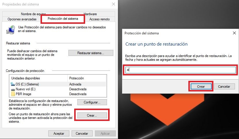 Crear un punto de restauración en Windows 10