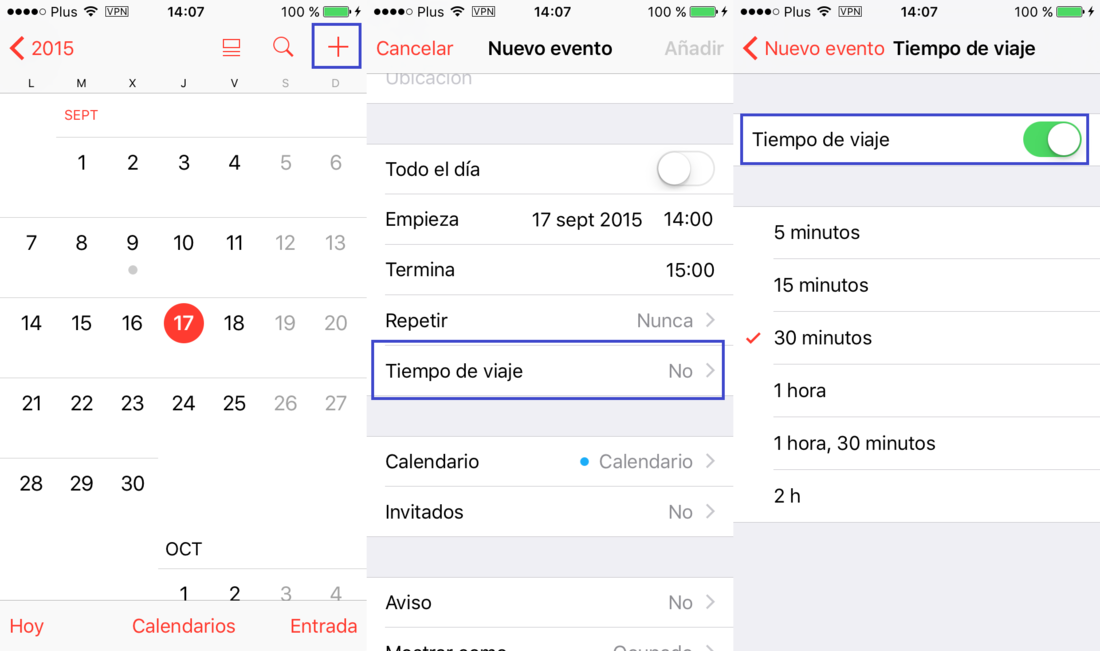 Tiempo de viaje en calendario de iOS 9