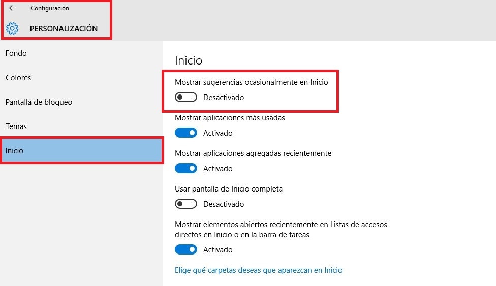 Como desactivar las sugerencias de apps en el menu de inicio de Windows 10