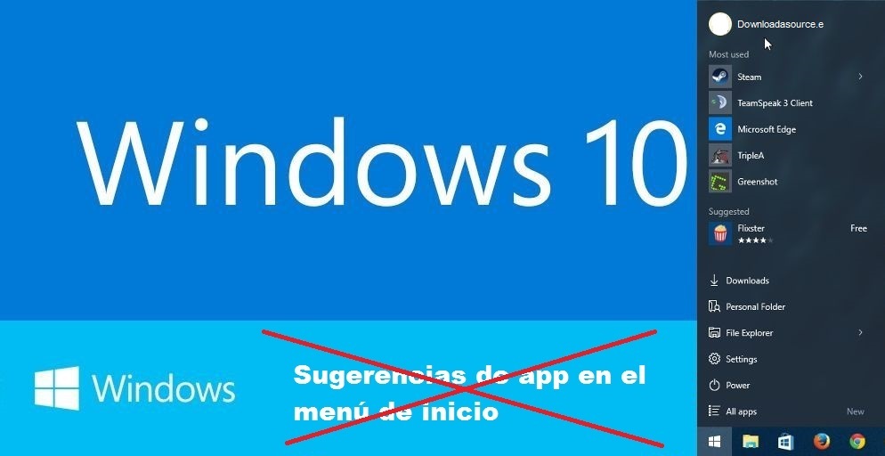Como eliminar las sugerencias de apps en el menú de inicio de Windows 10.