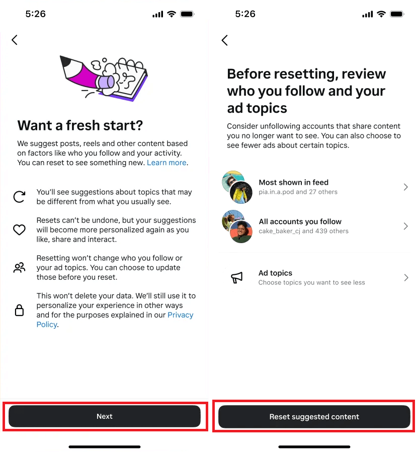 como restablecer el algoritmo de contenido sugerido en Instagram