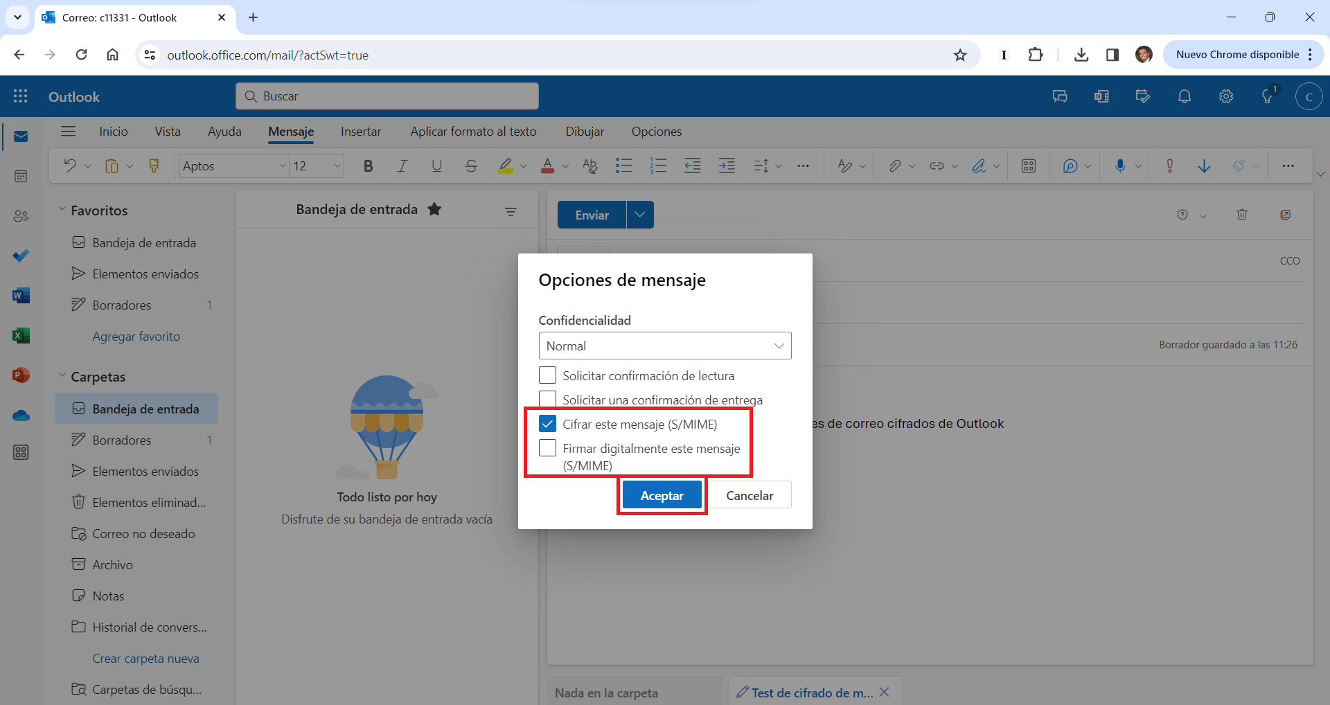 como enviar mensajes cifrados desde la version web de Outlook