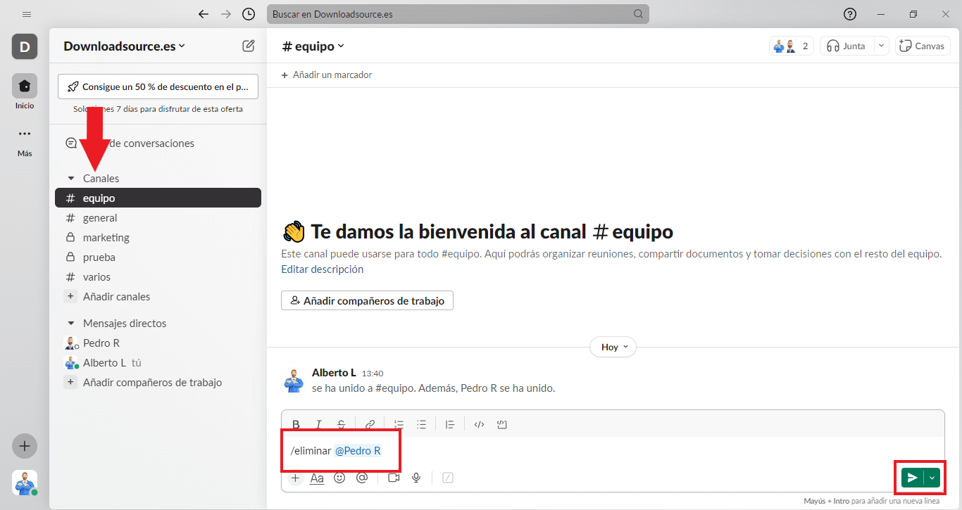 sacar a un usuario de un canal de slack