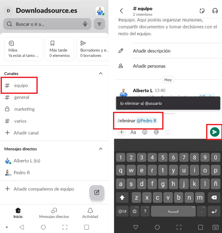 eliminar usuario de un canal de slack en la app movil
