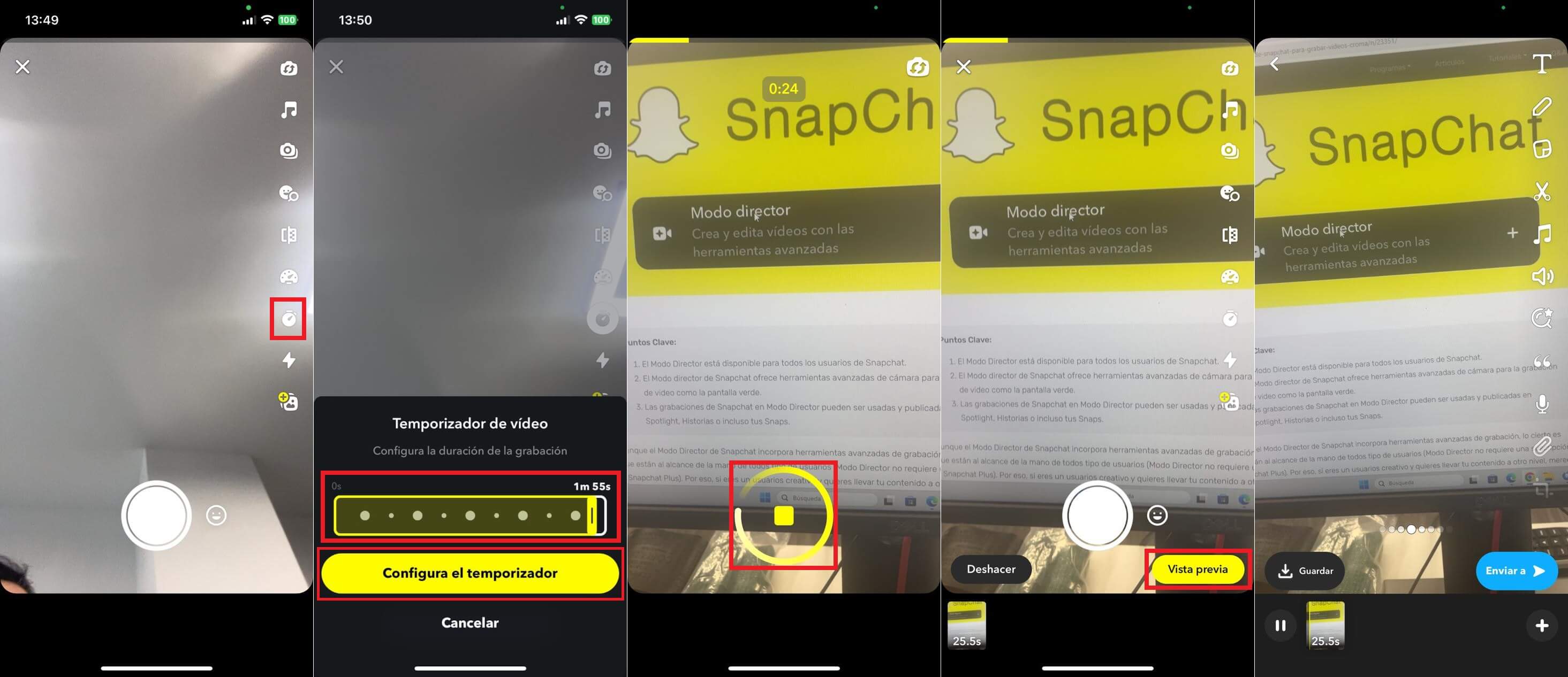 como usar el temporizador del modo director de snapchat