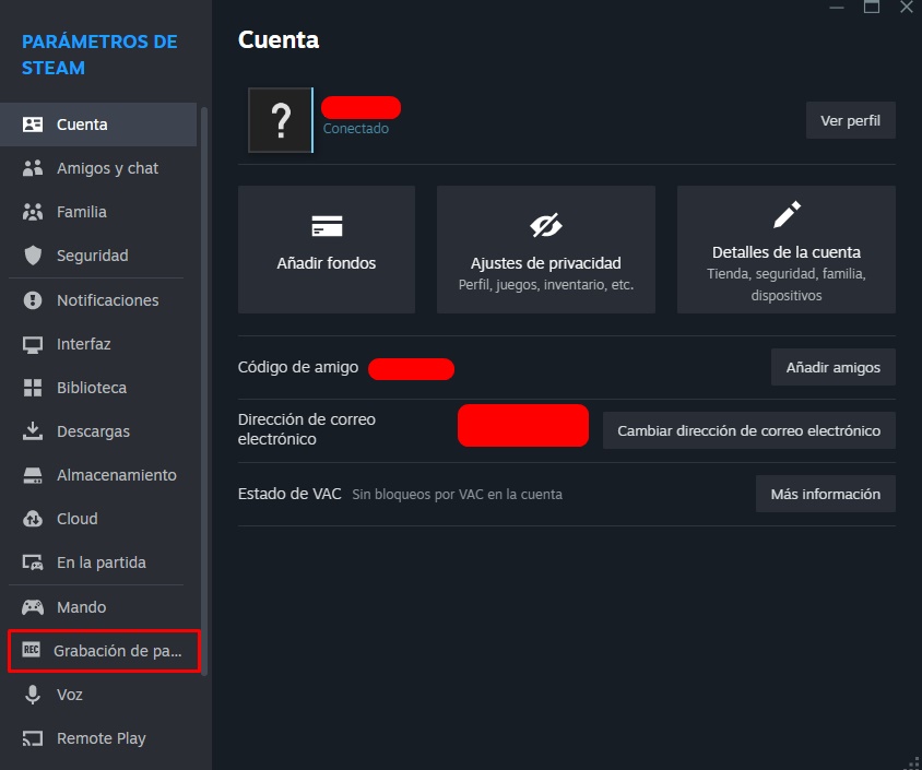 usar la grabación de pantalla con Steam durante tus partidas de videojuegos