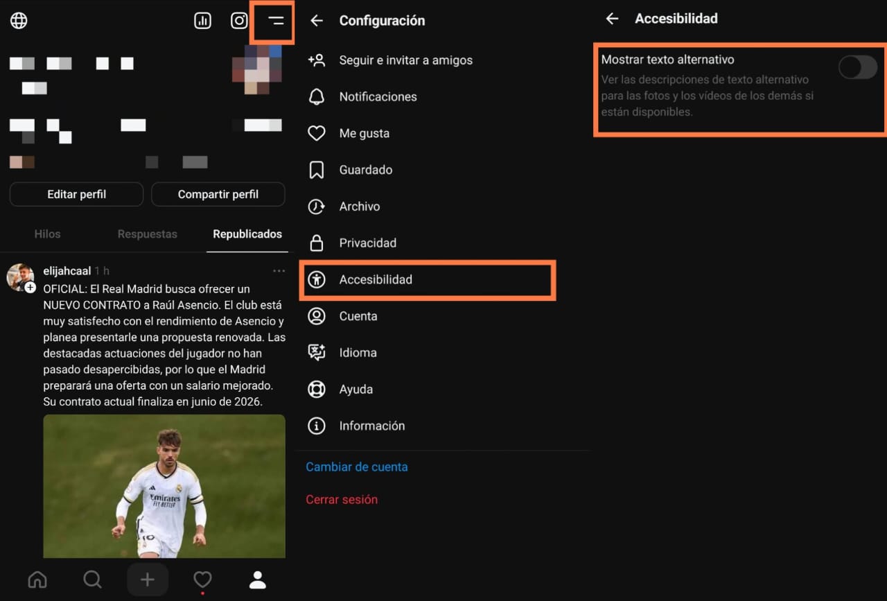activar el texto alternativo en threads