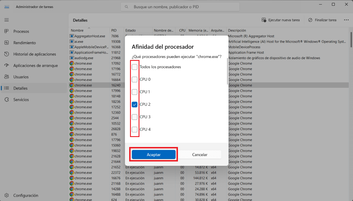 Windows 11 como asignar un nucleo de cpu a un proceso