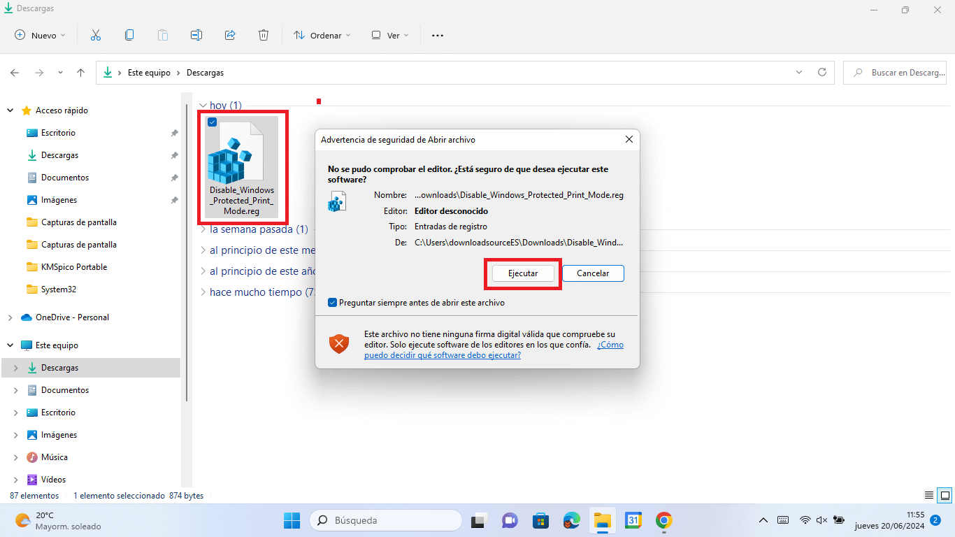como activar el modo de proteccion de impresion de windows 11